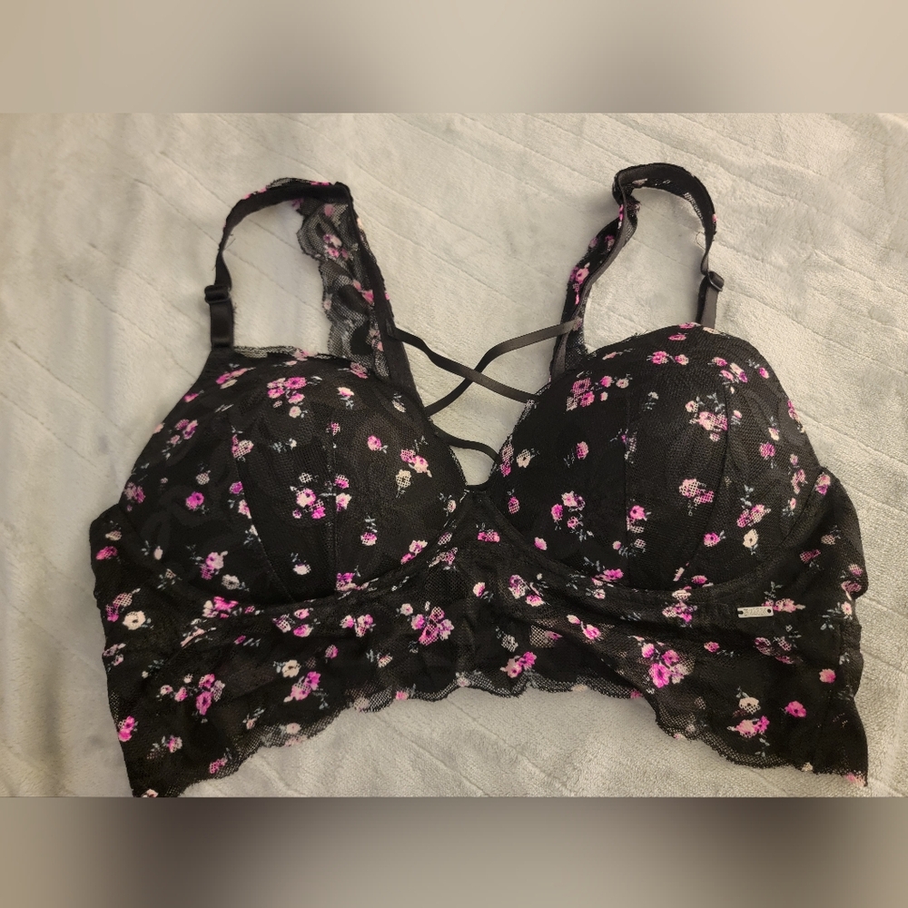 Victoria's Secret Black and Pink Floral Lace Bra
